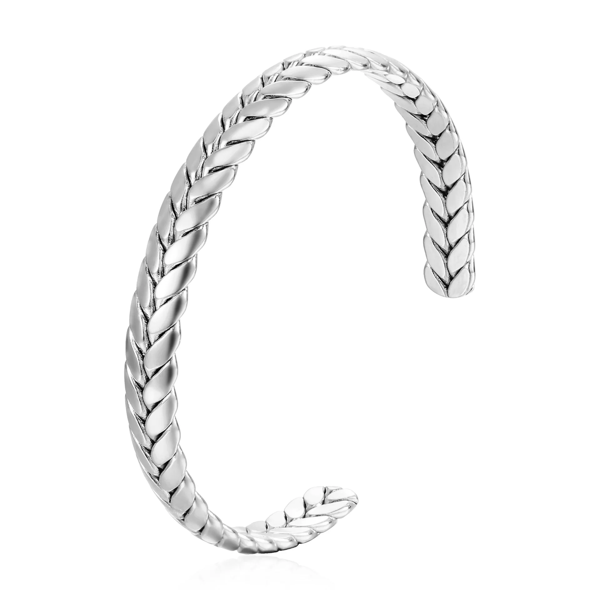 Un bracelet jonc en acier inoxydable en argent massif au design tressé dans un Style blé chic.