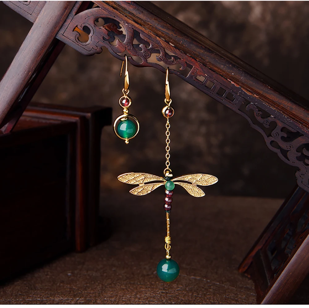 LYRA Boucles asymétriques libellule dorée agate verte
